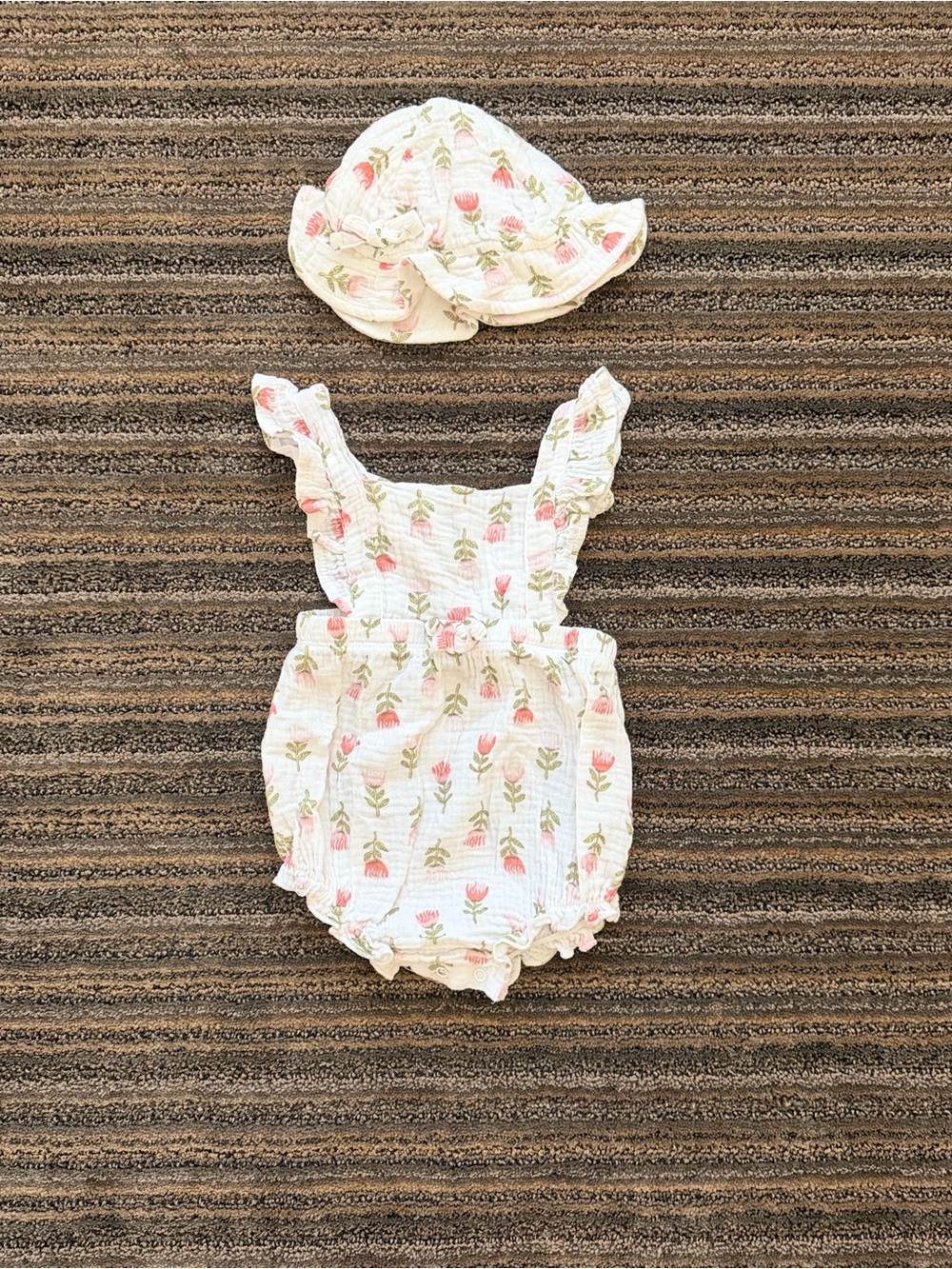 Emily and Olive Baby Floral Ruffle Romper with Matching Sun Hat
